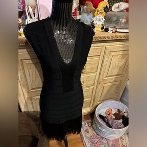 Venus Black Bodycon Bandage Dress with Fringe